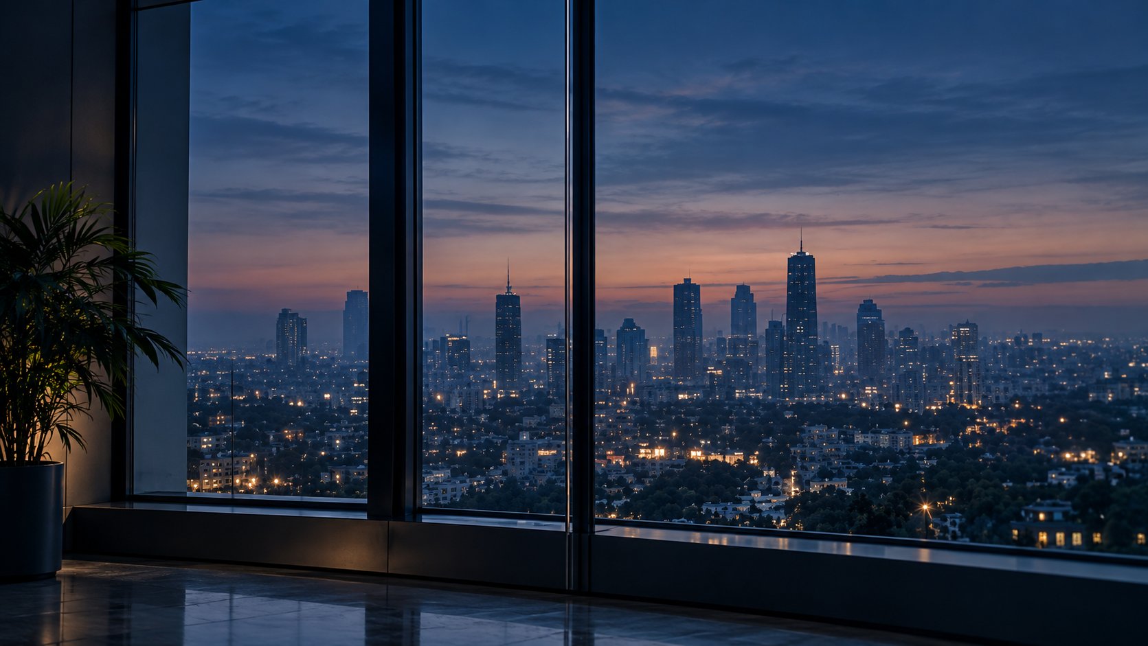 A city skyline at dusk seen through tall office windows