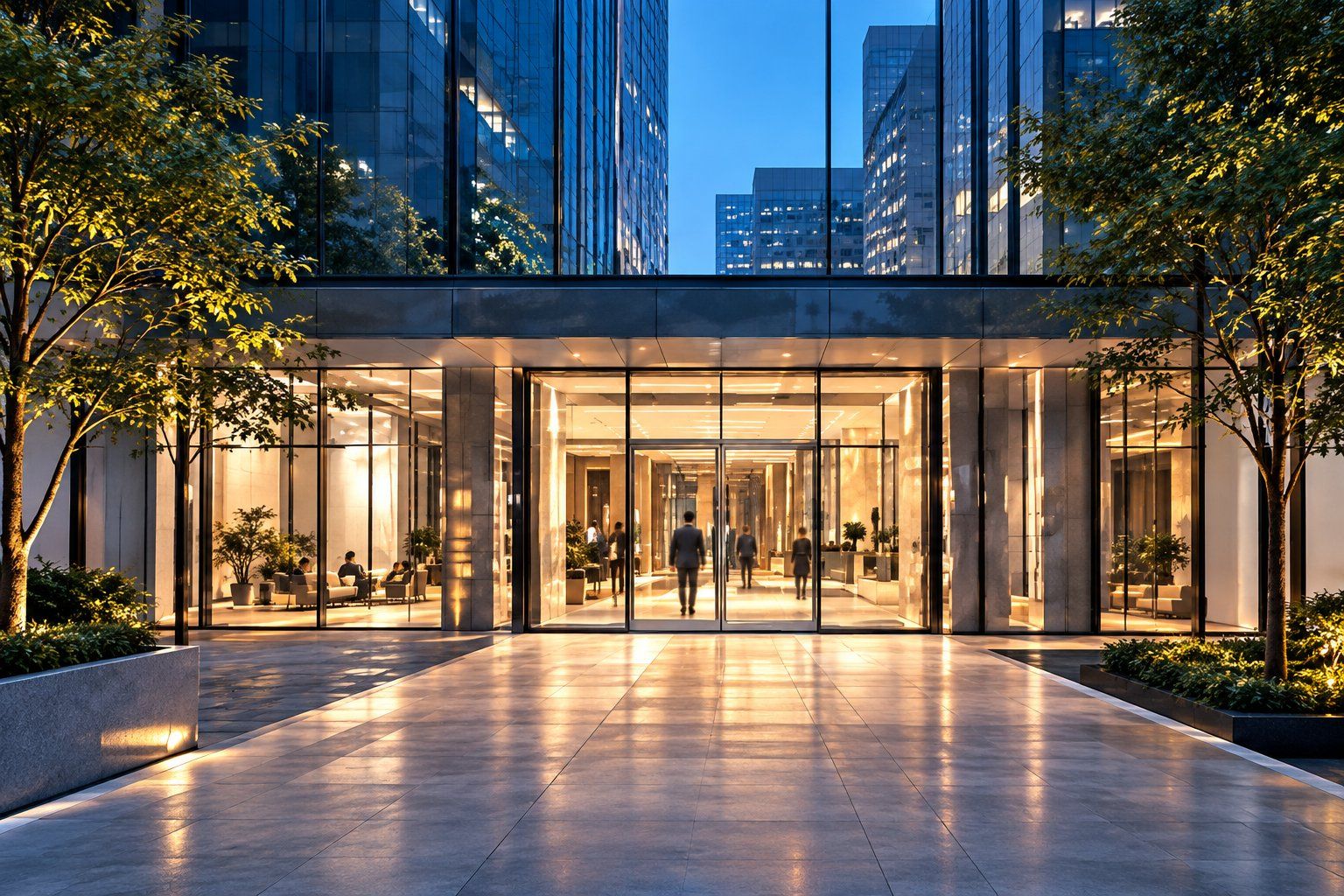 The glass entrance and lit lobby of an office building at dusk