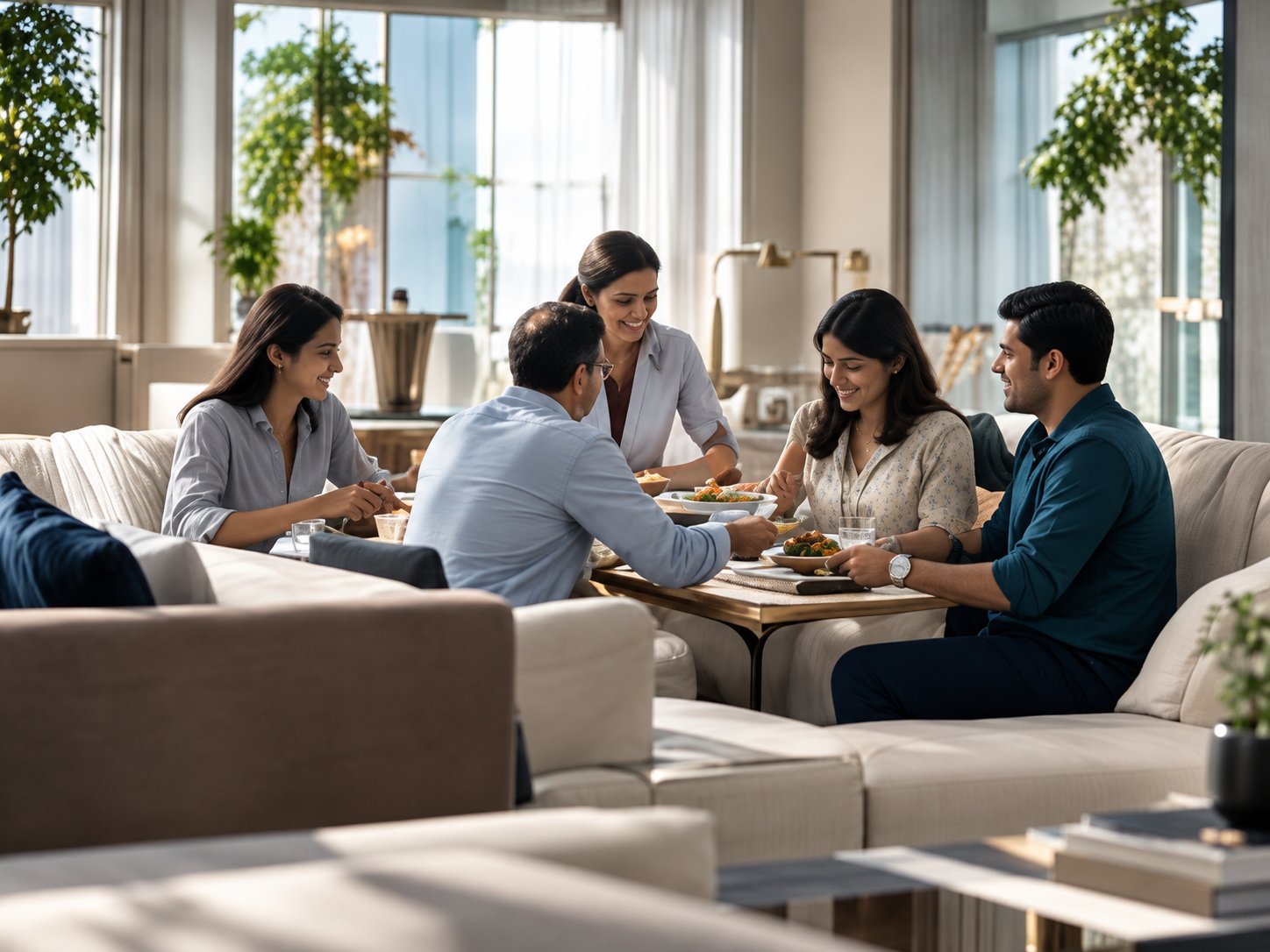A family gathered around a table in a bright living room