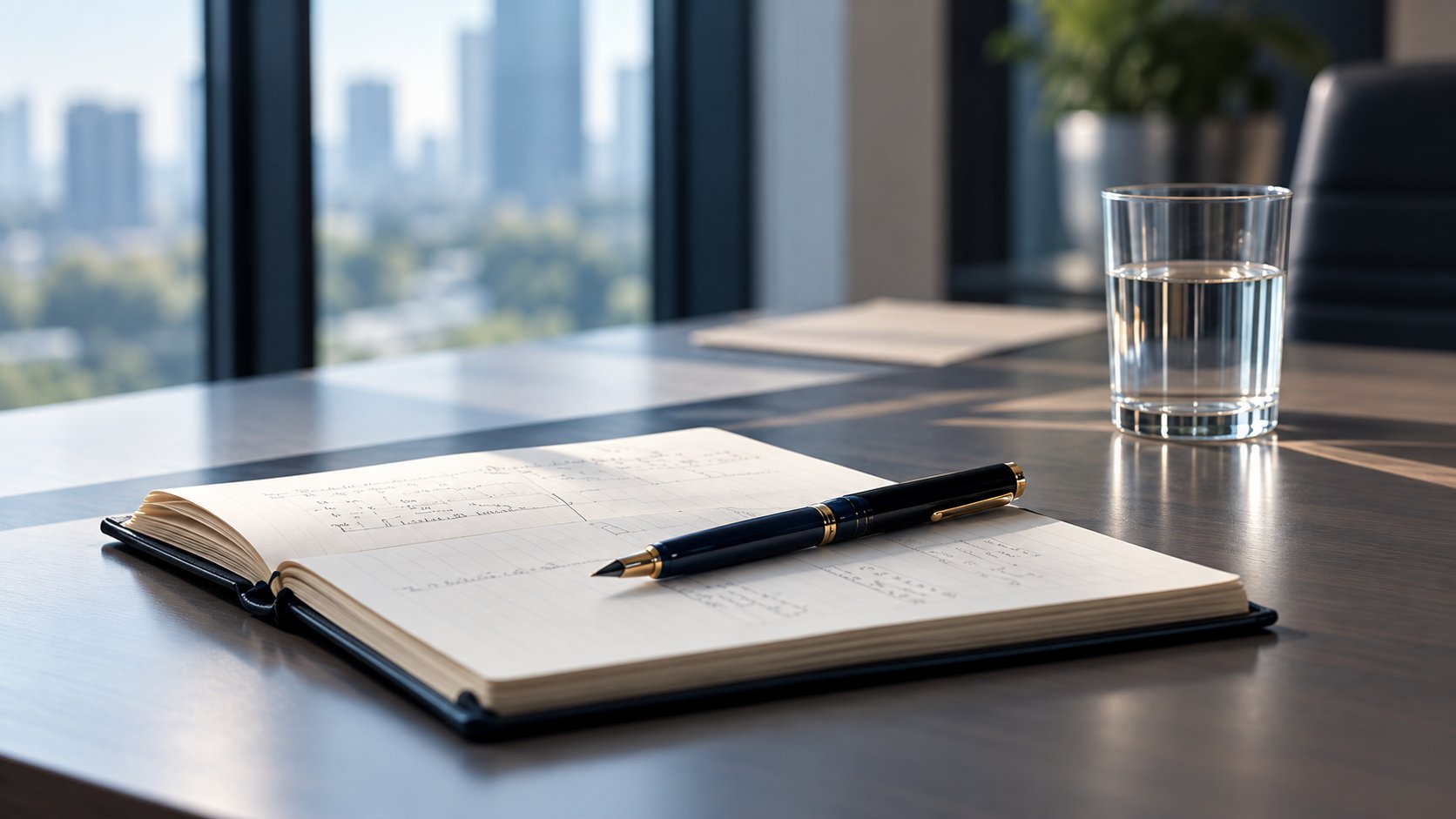 An open notebook and fountain pen on a desk by an office window