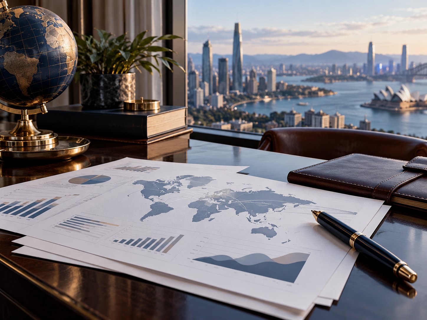 Financial reports with a world map and charts on a desk, a fountain pen and a globe beside them, overlooking a harbour city skyline