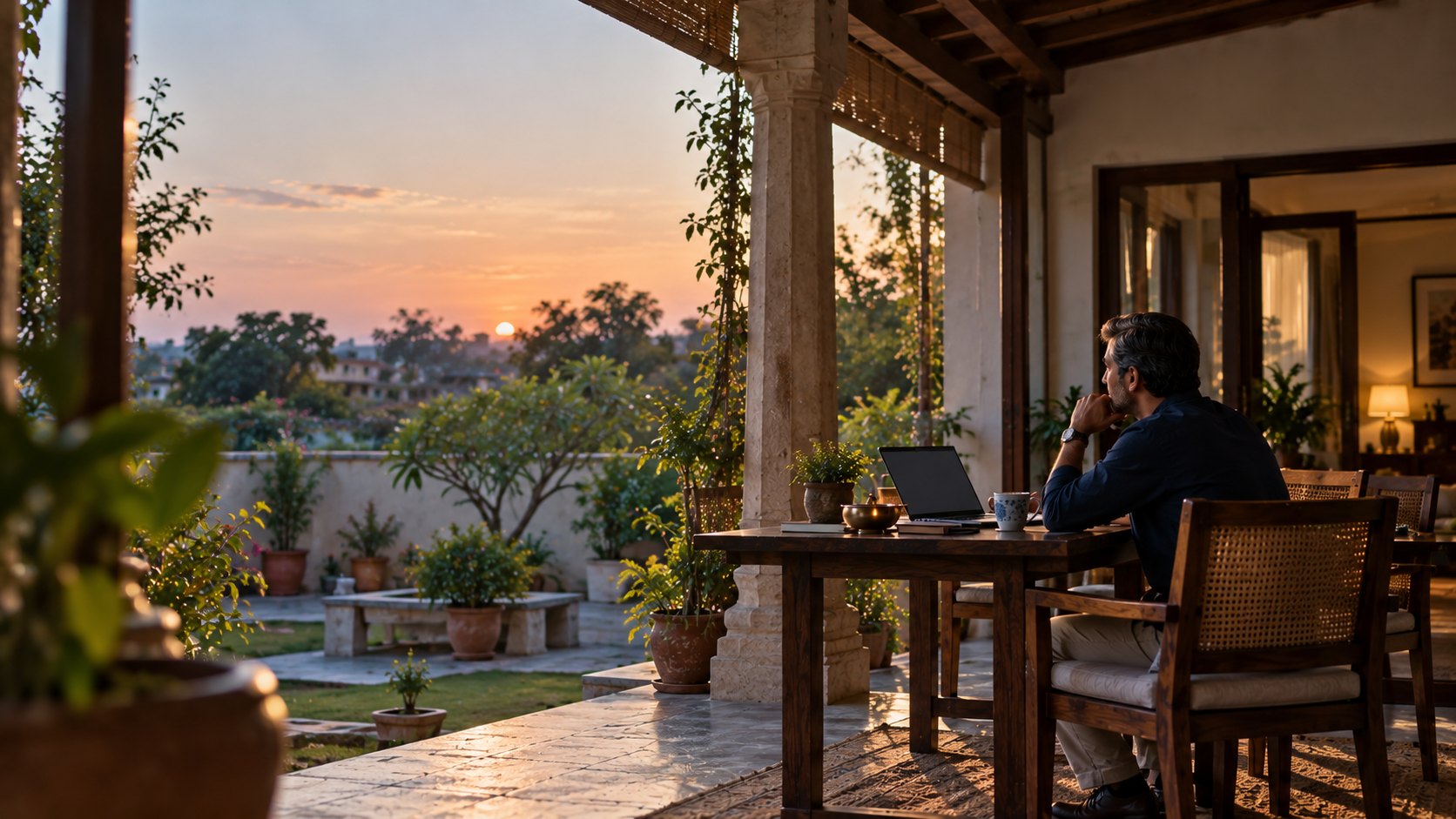 A man working on a laptop on the verandah of a home in India, looking out over a garden at sunset