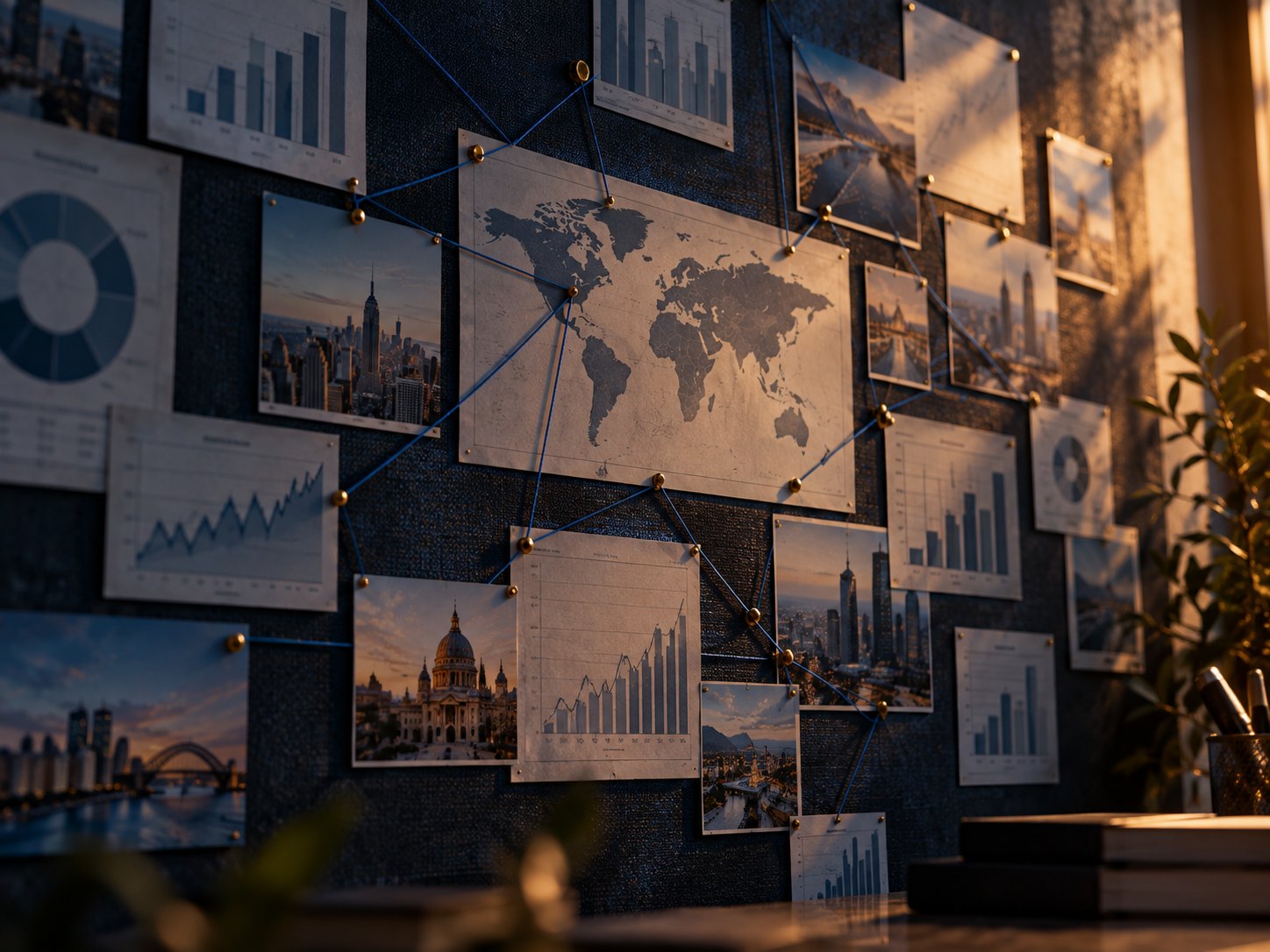 Charts, city photographs and a world map pinned to a wall and linked with blue thread, in evening light